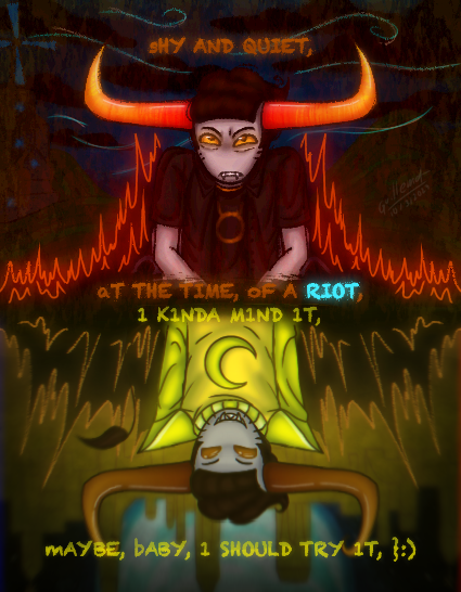 A drawing of Tavros. depicting both awake and dream versions of him, placed vertically opposite of each other, with his awake self on the upper half of the drawing, and his dreamself on the lower.